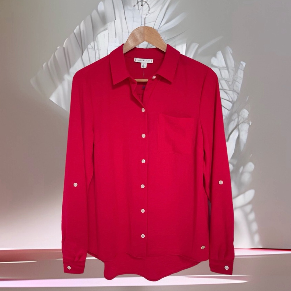 Tommy Hilfiger Crepe Blouse Long Roll-Tab Sleeves Front Pocket Logo Collared Red